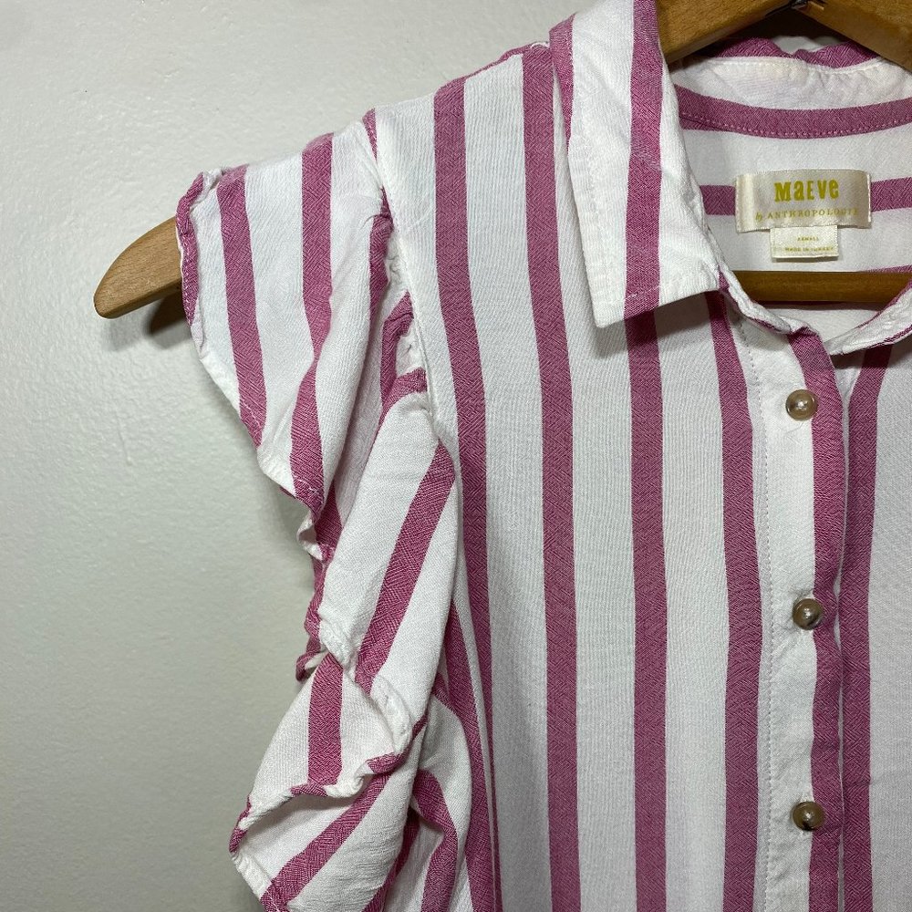 Maeve by Anthropologie Pink + White Stripe Flutter Sleve Button Up